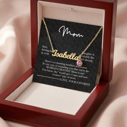 Custom Name Necklace with Birthstone – Custom Mother’s Day Gift – 18K Yellow Gold or Polished Stainless Steel - Design 15 - Wrapped and Wonderful