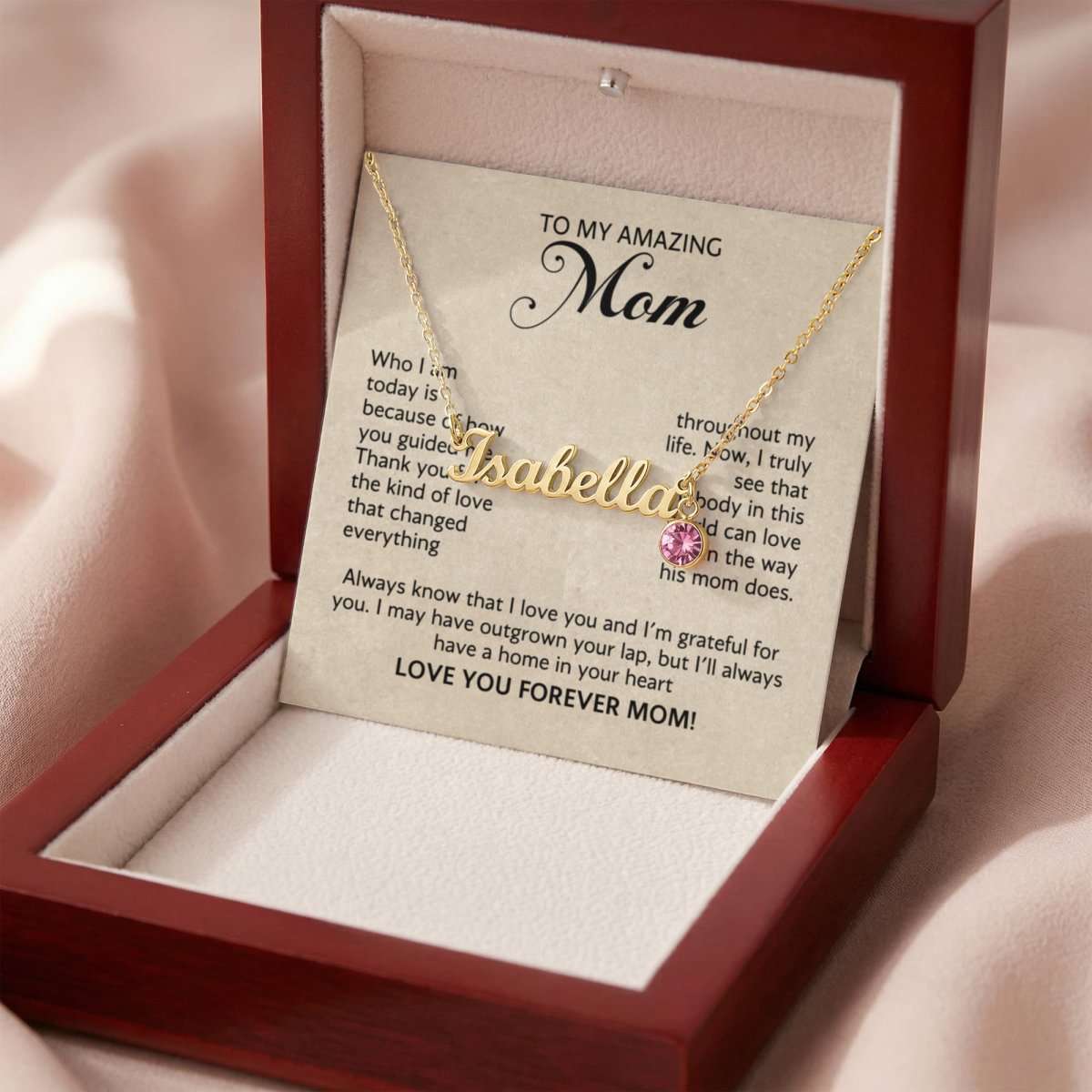 Custom Name Necklace with Birthstone – Custom Mother’s Day Gift – 18K Yellow Gold or Polished Stainless Steel - Design 16 - Wrapped and Wonderful