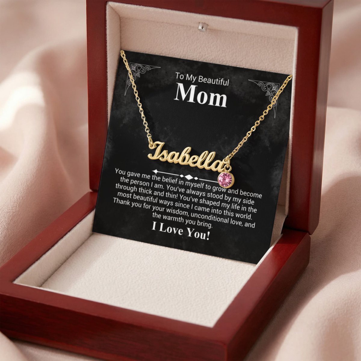 Custom Name Necklace with Birthstone – Custom Mother’s Day Gift – 18K Yellow Gold or Polished Stainless Steel - Design 17 - Wrapped and Wonderful