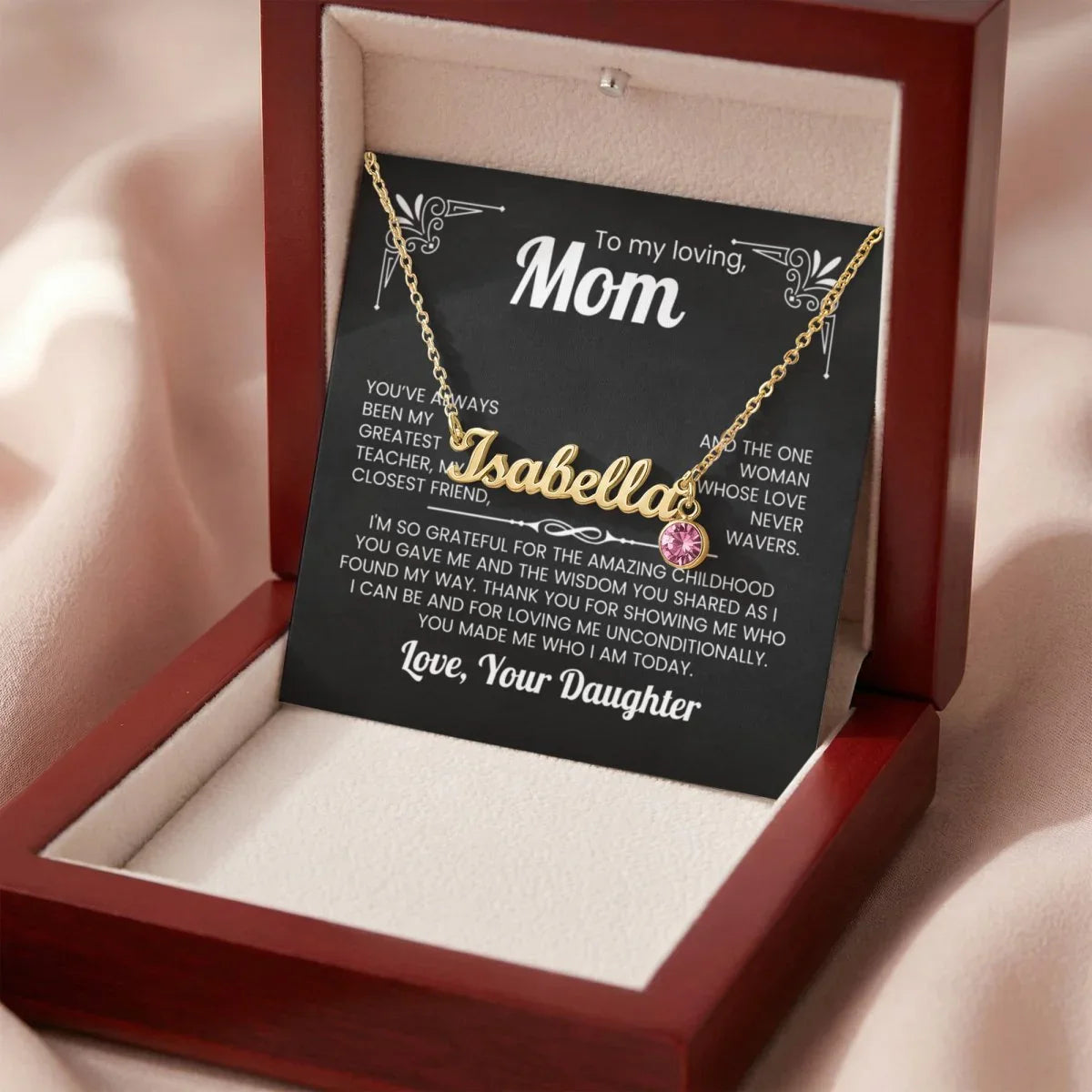 Custom Name Necklace with Birthstone – Custom Mother’s Day Gift – 18K Yellow Gold or Polished Stainless Steel - Design 18 - Wrapped and Wonderful