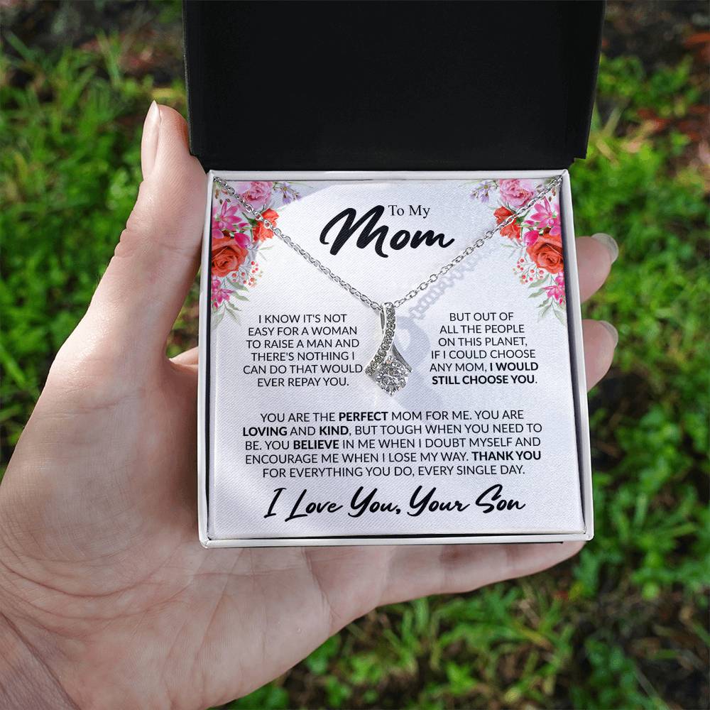 Mother's Day Alluring Beauty Necklace - Sparkling Ribbon Pendant with 7mm CZ - Design 5 - Wrapped and Wonderful